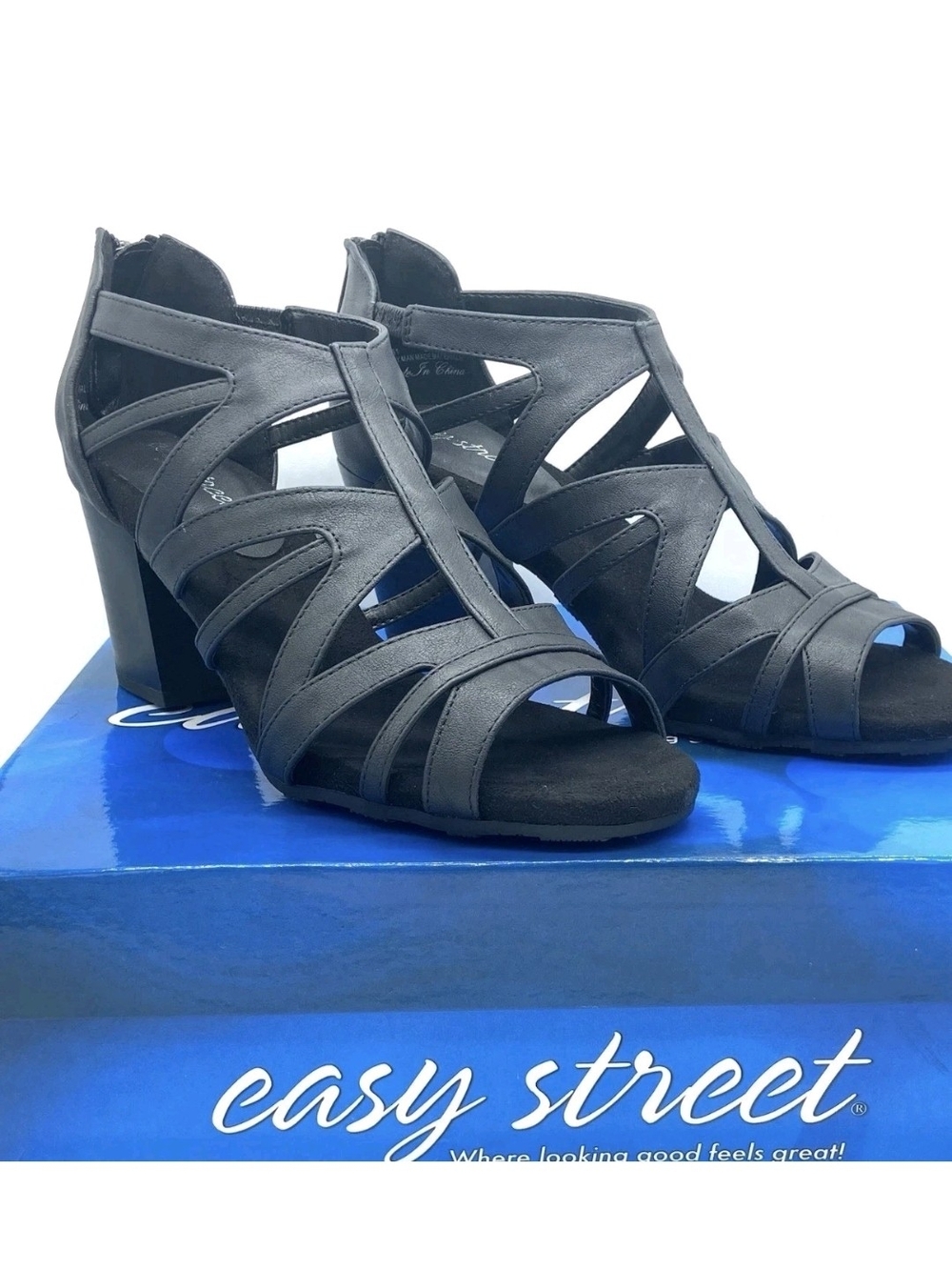 easy street Black Strappy Cutout Block Heel Sandals